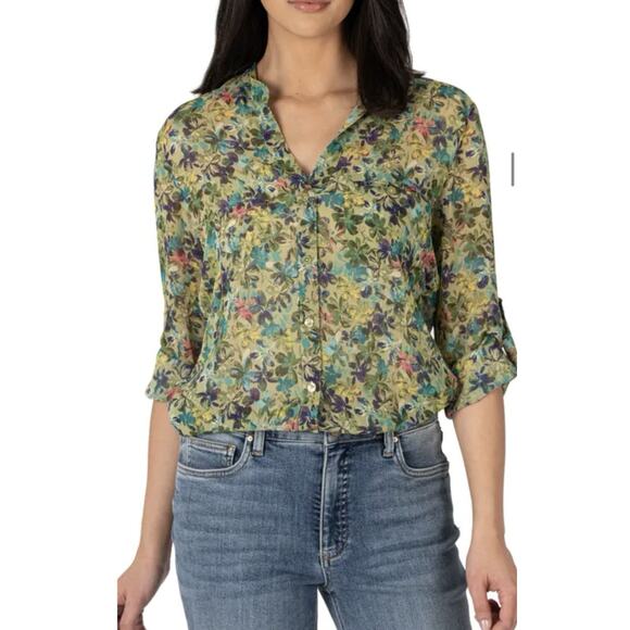 KUT FROM THE KLOTH Med Sheer Bordeaux Button Front Blouse/Top Blue/Green - Picture 1 of 8